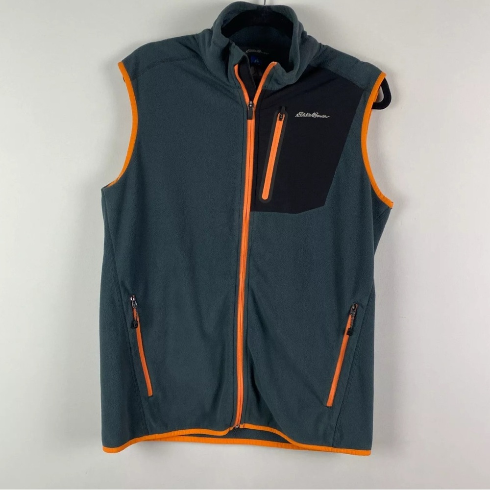 Eddie Bauer First Ascent Fleece Vest Mens M Tall Gray Orange Full Zip Pockets